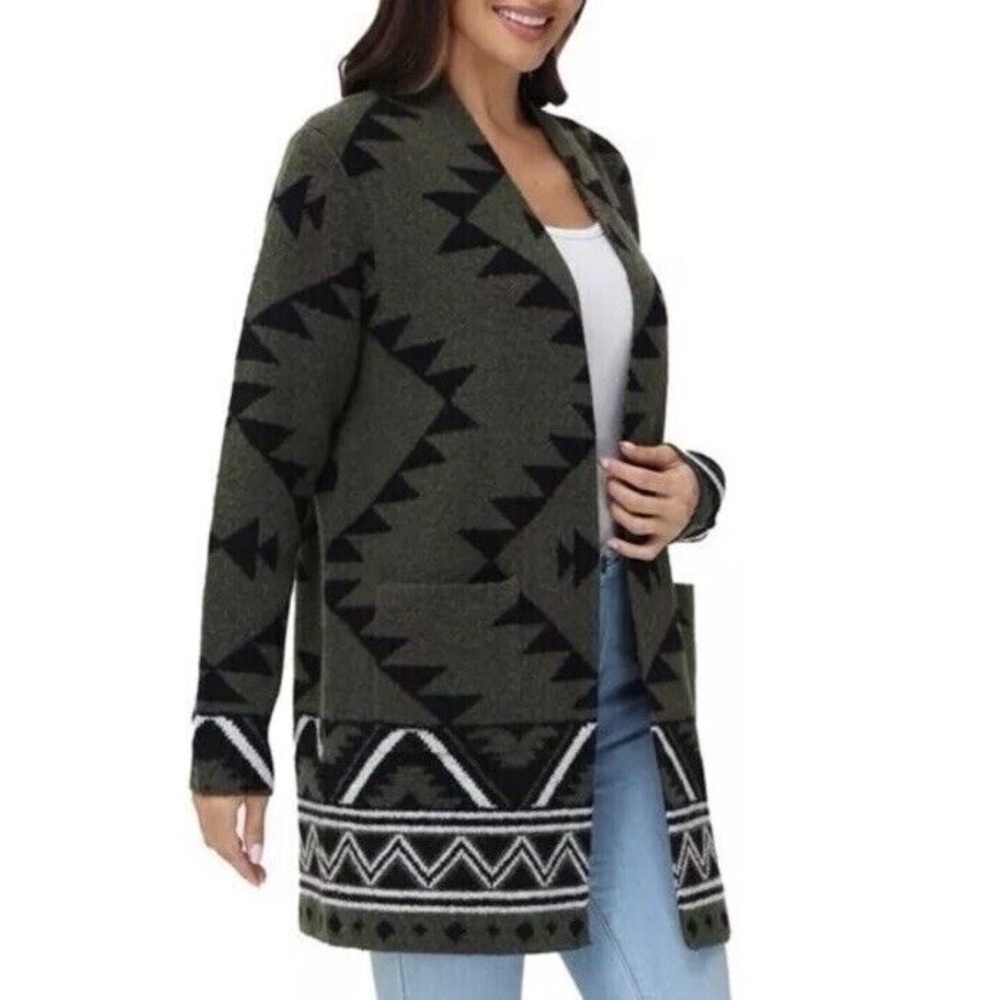 Frye Green and Black Geometric Cardigan Sweater